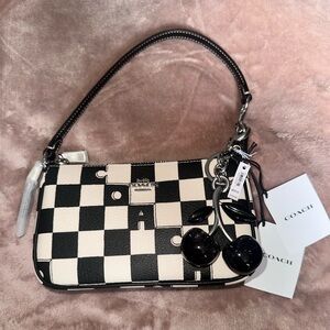 NWT Black checkered print Nolita with black cherry charm